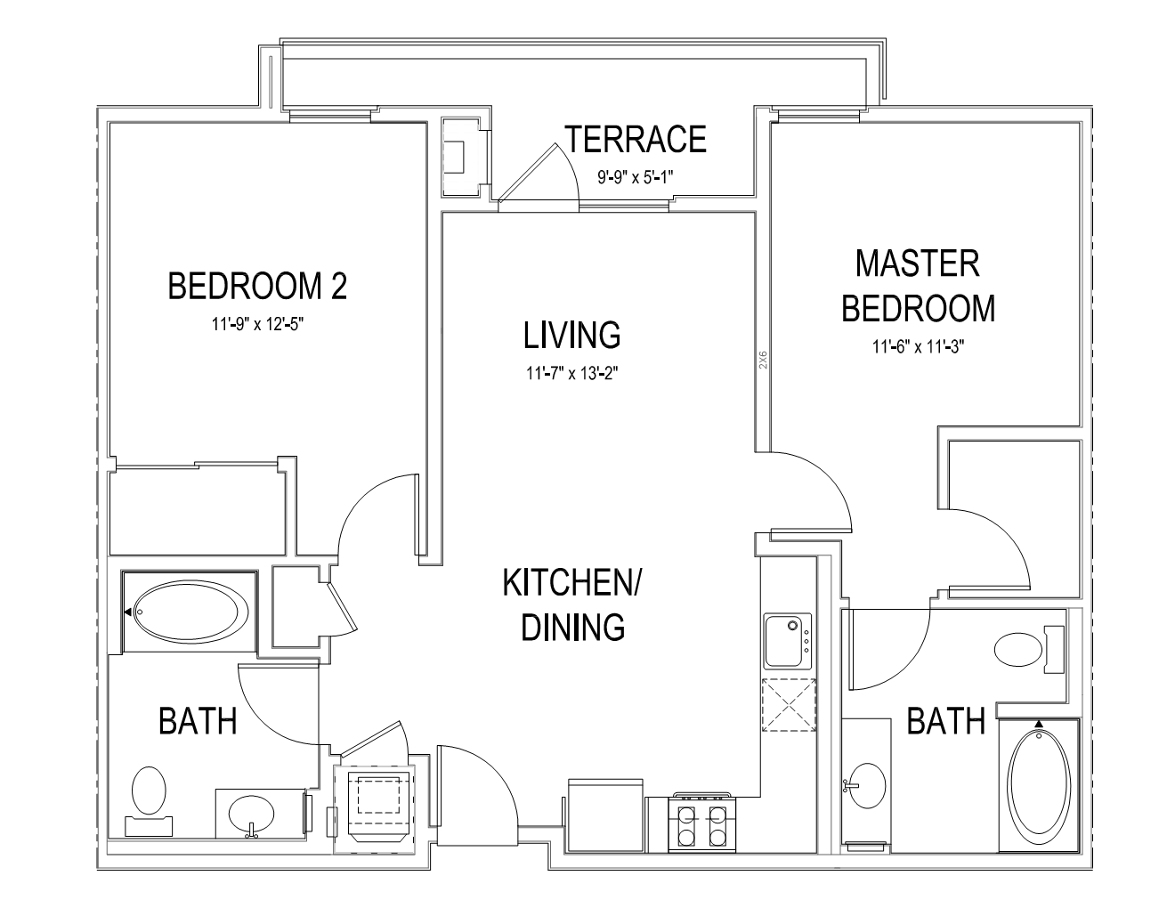 Floor plan for 2 beds, 2 baths, 986 sqft